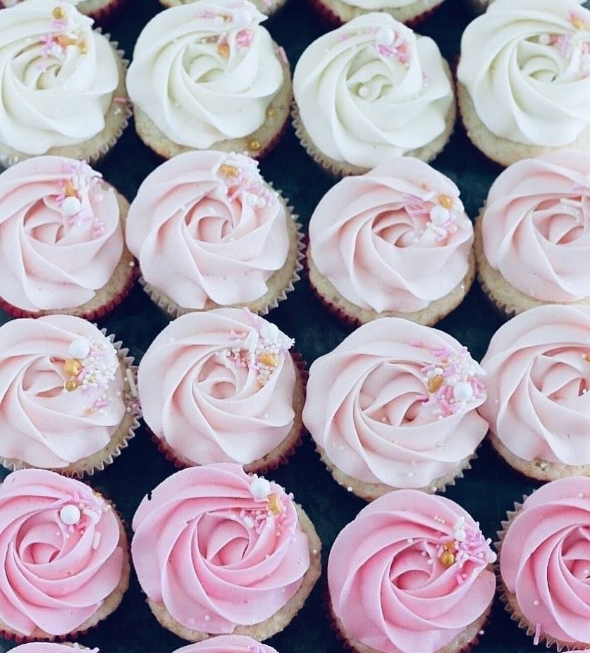 Pink and white rose-piped cupcakes